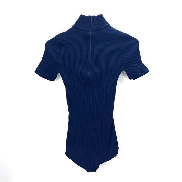 Vintage 70's Navy Blue Ribbed Turtleneck Shorts Sleeve Bodysuit Womens Small - Picture 3 of 3